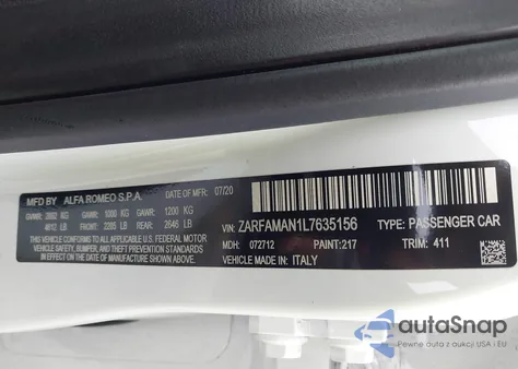 2020 Alfa Romeo Giulia Sport Rwd z USA, uszkodzony, nr VIN ZARFAMAN1L7635156